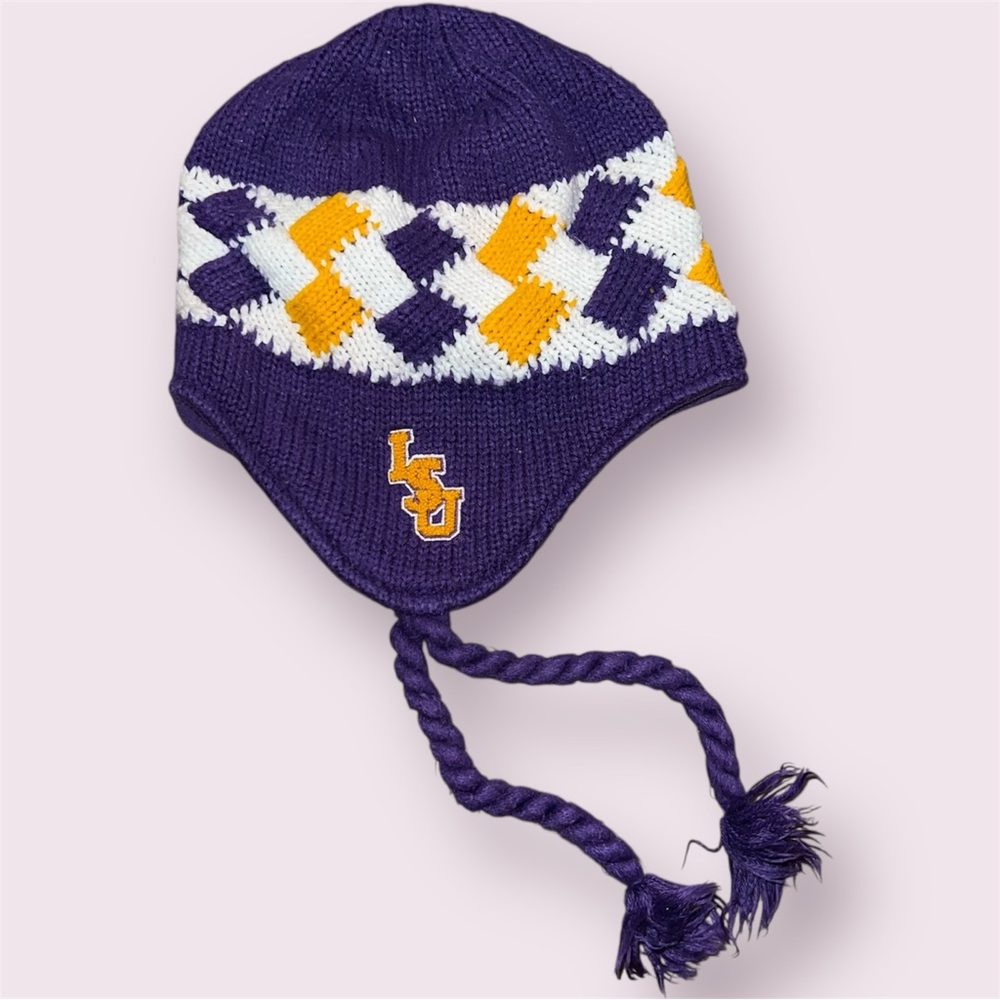 Vintage LSU Tigers 47 Brand Adult Knit Hat Beanie Ear Flaps Purple Gold OSFA